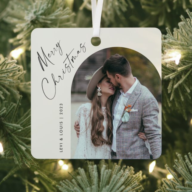 Simple Script Boho Arch Photo Christmas Metal Ornament (Insitu)