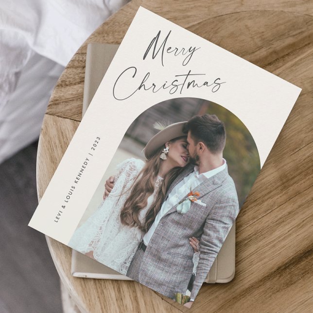 Simple Script Boho Arch Photo Magnet de Noël (Simple, modern script Merry Christmas boho arch photo magnetic Christmas card.)