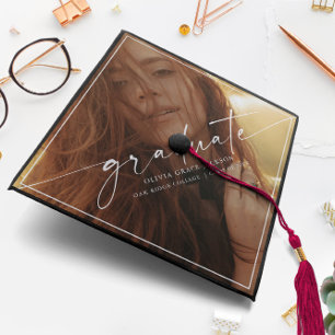 Simple Script & Border Photo Modern Trendy Graduation Cap Topper