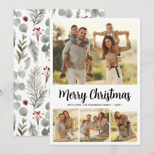 Simple Script Botanical 4 Multi Photo Christmas Holiday Card