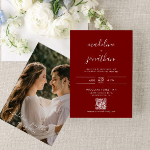 Simple Script Burgundy Red Photo QR Code Wedding  Invitation