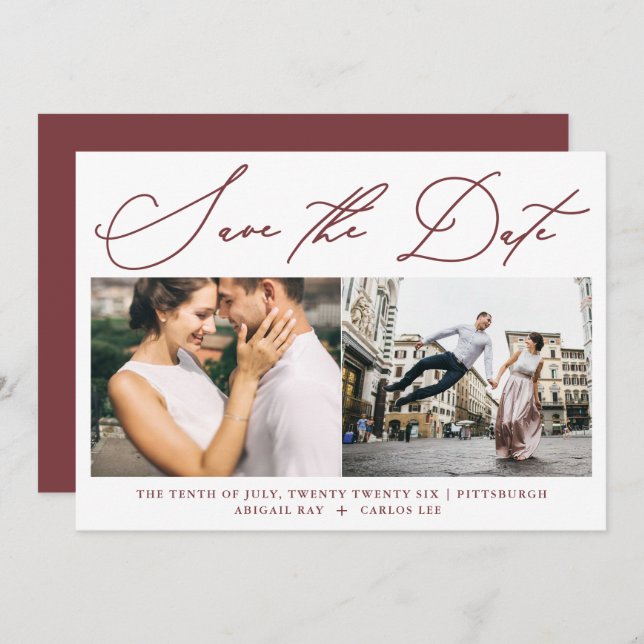 Simple Script Burgundy Two Photo Modern Save The Date (Front/Back)