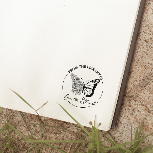 Simple Script Butterfly Flower Library Book Rubber Stamp (Creator Uploaded)