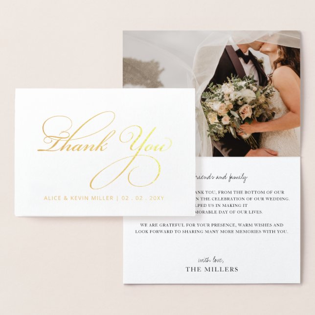 Simple Script Calligraphy Photo Wedding Thank You  Foil Card (Display)