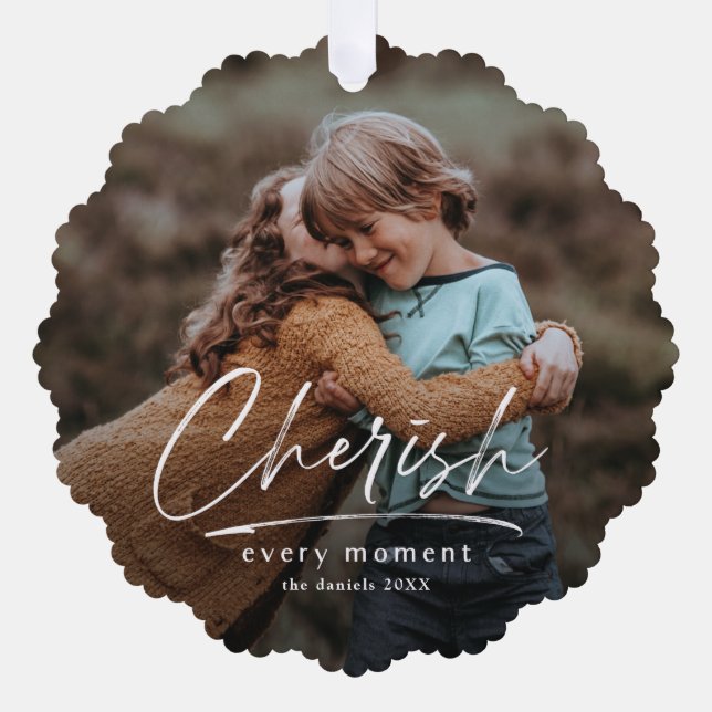 Simple Script Cherish 2 Photo Christmas Holiday Ornament Card (Front)
