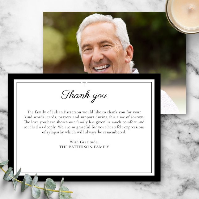 Simple Script Cross Funeral Photo Thank You Card (Creator Uploaded)