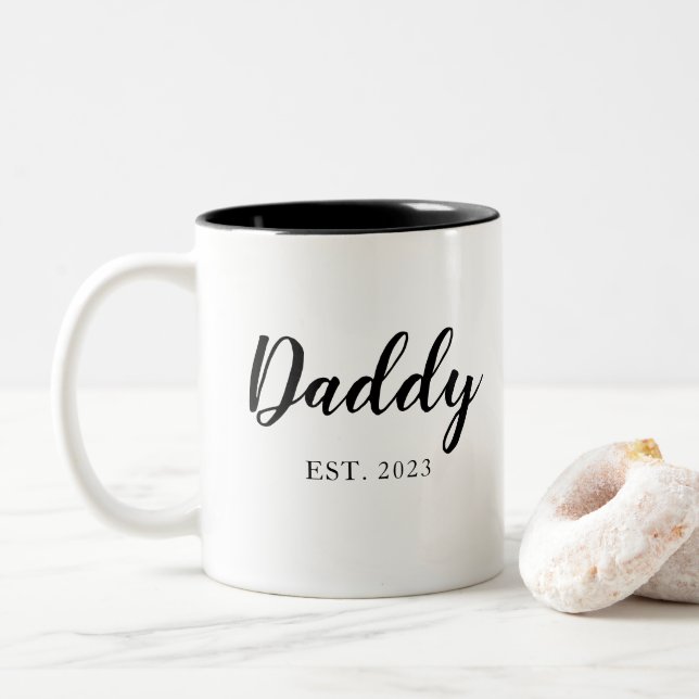 Simple Script Daddy Black White EST Fathers Day Two-Tone Coffee Mug (With Donut)