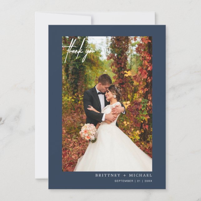 Simple Script Dusty Navy Modern Photo Thank You Card (Front)