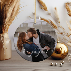 Simple Script Engaged 2 Photo Wedding Engagement Ceramic Ornament