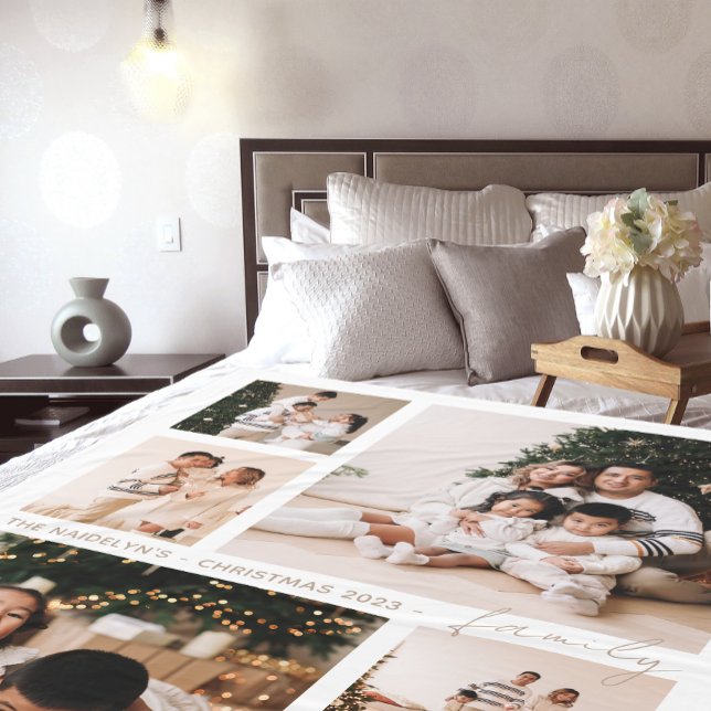 Simple Script Family Photo Collage Holiday Fleece Blanket (Creator Uploaded)