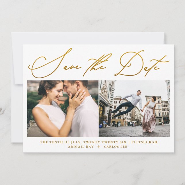 Simple Script Faux Gold Two Photo Modern Save The Date (Front)