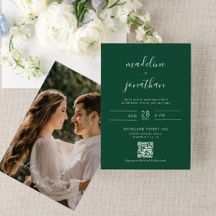 Simple Script Forest Green Photo QR Code Wedding Invitation