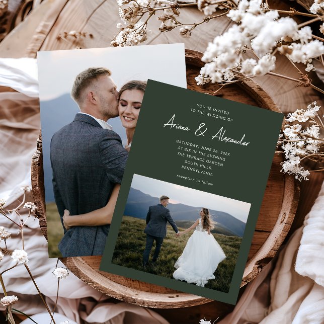 Simple Script Forest Green Two Photo Wedding Invitation (Creator Uploaded)