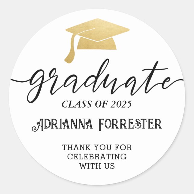 Simple Script Gold Graduate Hat | Thank You Classic Round Sticker (Front)