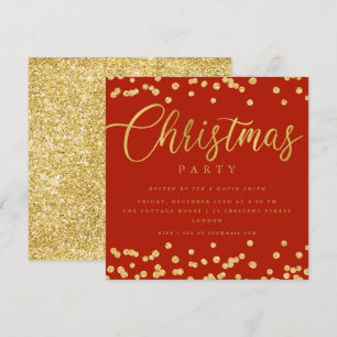 Simple Script Gold Red Confetti Christmas Party Invitation