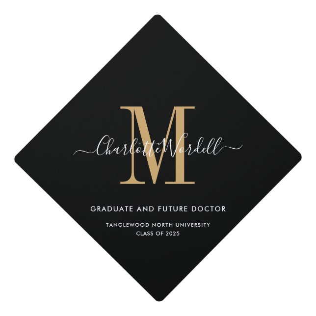 Simple Script Gold Serif Monogram Black Graduation Cap Topper (Front)