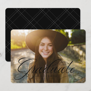 Simple script graduate black and white graduation announcement