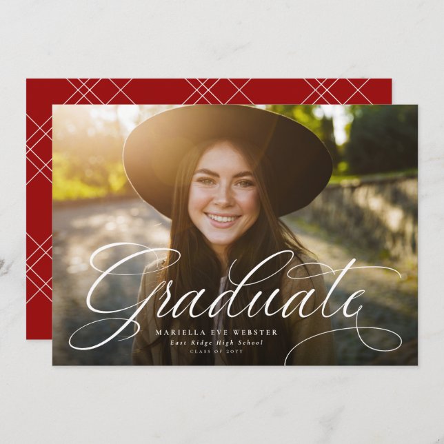 Simple script graduate elegant red graduation announcement (Front/Back)