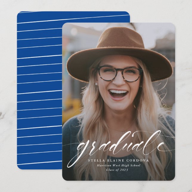 Simple script graduate one-photo blue announcement (Front/Back)