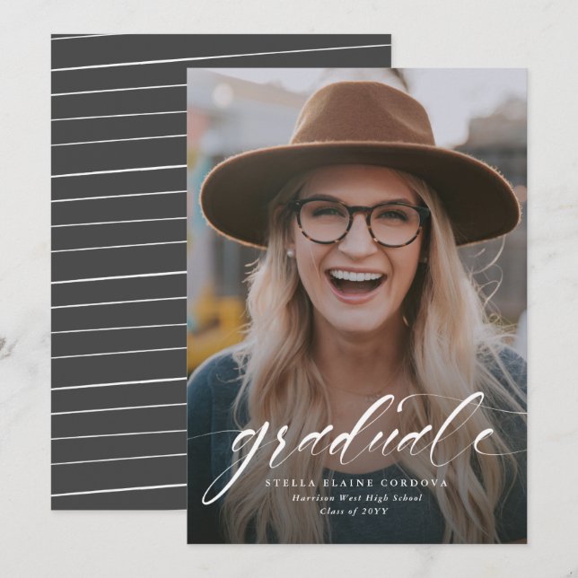 Simple script graduate one-photo grey announcement (Front/Back)