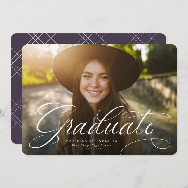 Simple script graduate plum purple graduation announcement (Front/Back)