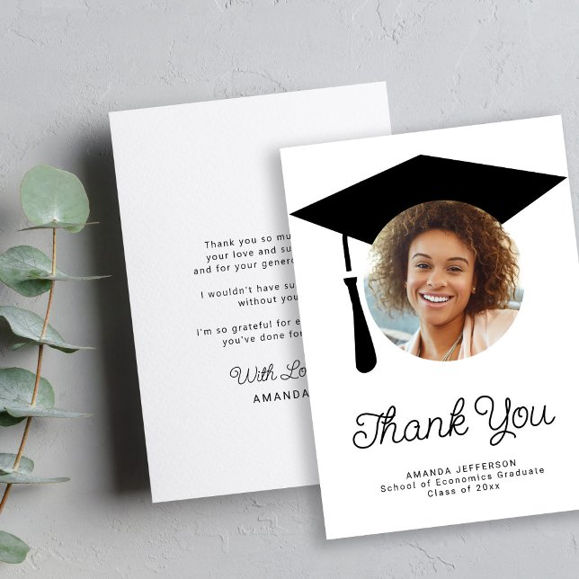 Simple script graduation cap PHOTO personalized Thank You Card (Creator Uploaded)