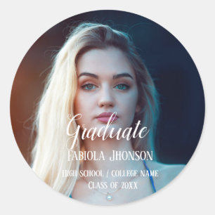 Simple script graduation photo balloon classic round sticker