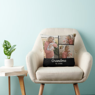 Simple Script Grandma Est. 3 Photo Year Black Throw Pillow