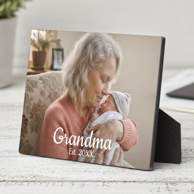 Simple Script Grandma Est.Photo Year Black Plaque (Creator Uploaded)