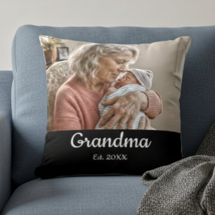 Simple Script Grandma Est.Photo Year Black Throw Pillow