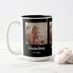 Simple Script Grandma Est.Photo Year Black Two-Tone Coffee Mug