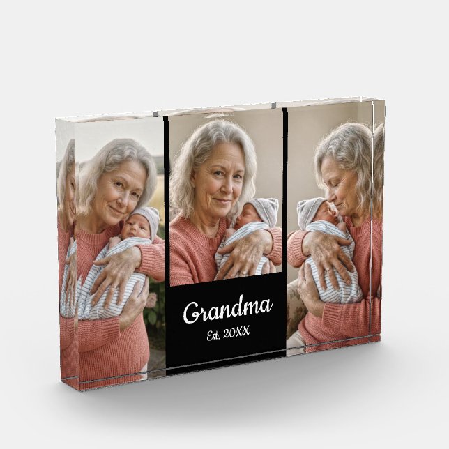  Simple Script Grandma Year Est. 3 Photo Acrylic Block (Left)