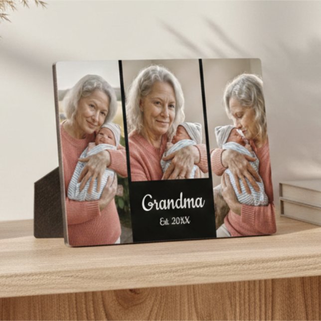  Simple Script Grandma Year Est. 3 Photo Plaque (Creator Uploaded)