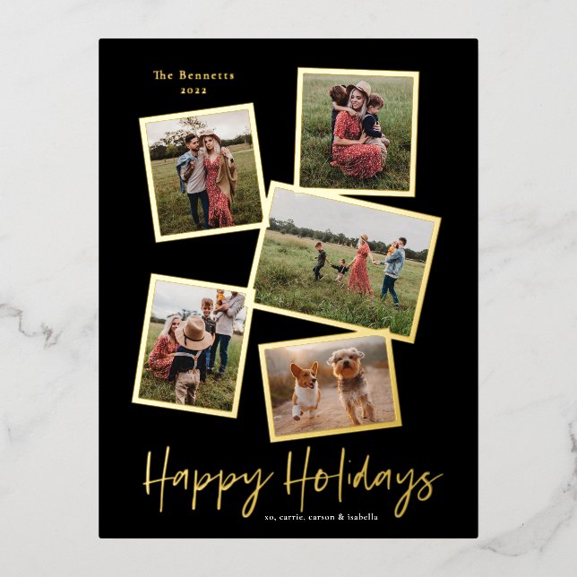 Simple Script Happy Holidays 3 Photo Collage Gold Foil Holiday Postcard (Front)