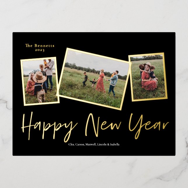 Simple Script Happy New Year 3 Photo Collage Gold Foil Holiday Postcard (Front)