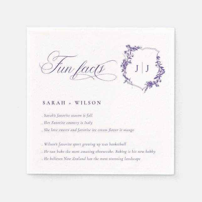 Simple Script Lilac Purple Wedding Logo Fun Facts Napkin (Front)