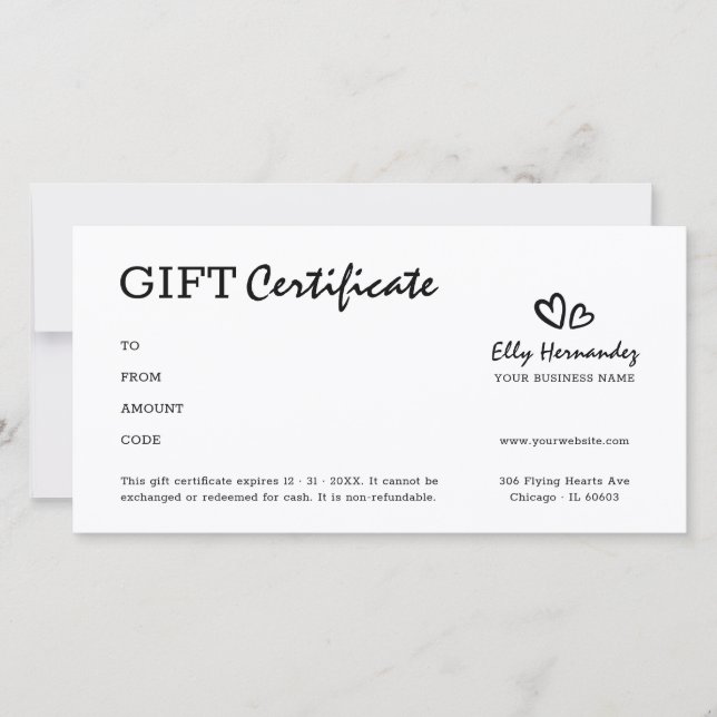 Simple Script Logo Heart Black Gift Certificate (Front)