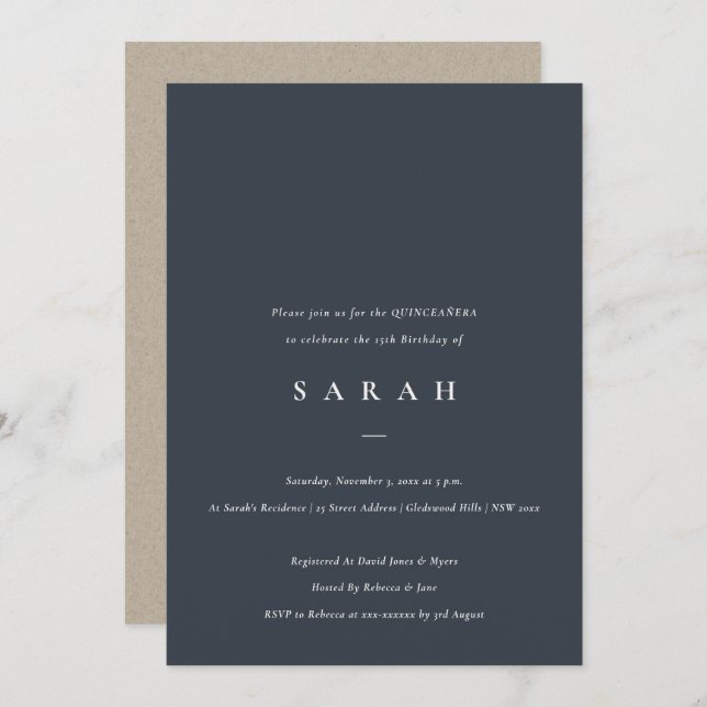 Simple Script Marine Black Quinceañera Invitation (Devant / Derrière)