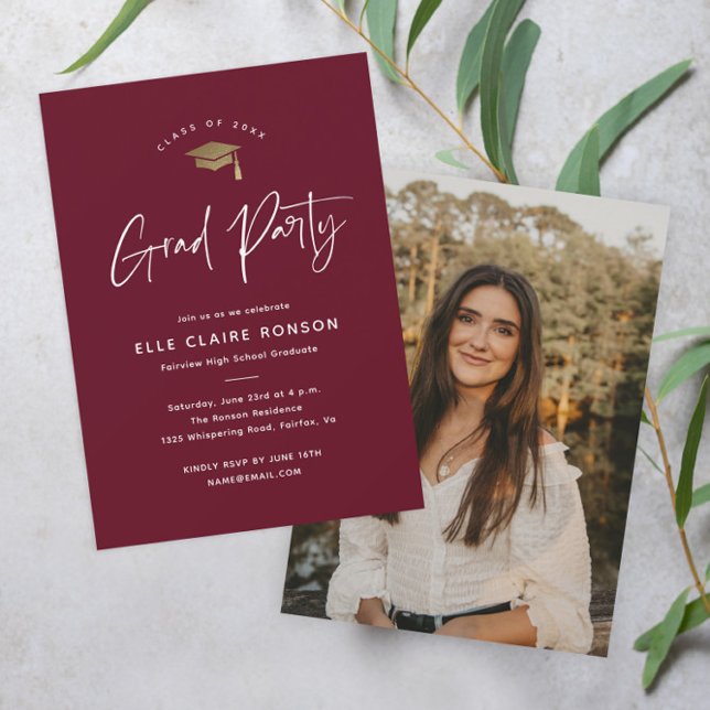 Simple Script Maroon Photo Graduation Party Invitation (Modern script maroon and gold photo graduation party invitation.)