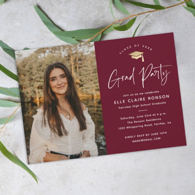 Simple Script Maroon Photo Graduation Party Invitation (Modern script maroon and gold photo graduation party invitation.)