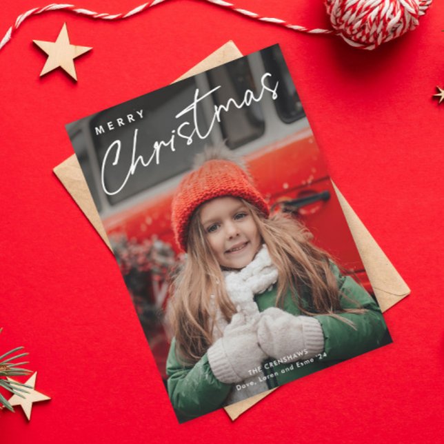 Simple Script Merry Christmas 3 Photo  Holiday Card (Simple Merry Christmas Script 3 Photo Holiday Card.)