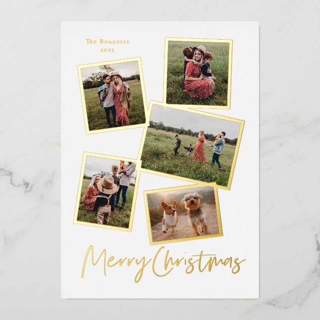 Simple Script Merry Christmas Photo Collage Gold Foil Holiday Card (Front)