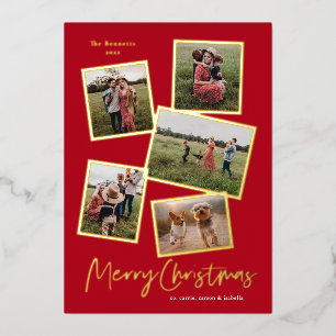 Simple Script Merry Christmas Photo Collage Gold  Foil Holiday Card