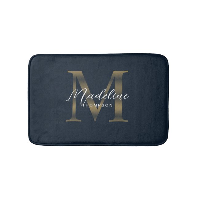 Simple Script Metallic Navy Blue Gold Monogram Bath Mat (Front)