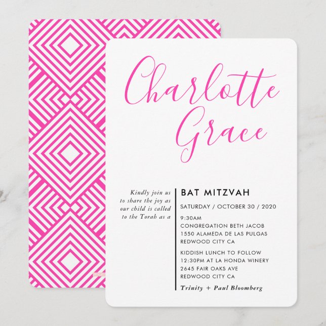 SIMPLE SCRIPT modern Bat Mitzvah black bright pink Invitation (Front/Back)