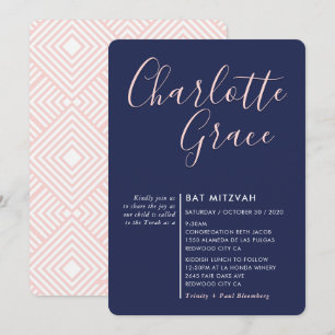 SIMPLE SCRIPT modern Bat Mitzvah navy blue pink Invitation