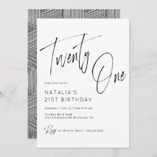 Simple Script Modern Black and White 21st Birthday Invitation
