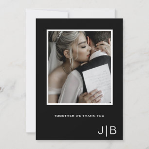 Simple script modern black white monogram photo Thank You Card