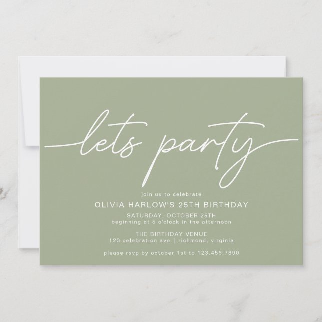 Simple Script | Modern Minimal Sage Green Birthday Invitation (Front)