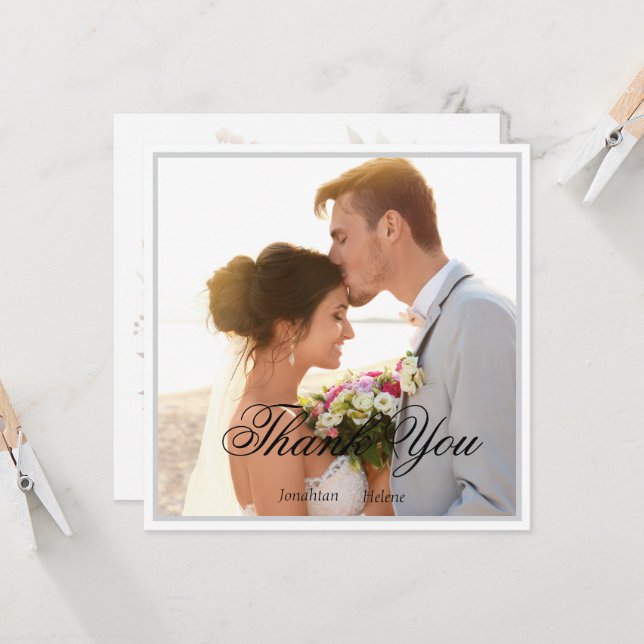Simple Script Modern Wedding Photo Thank You Card (Front/Back In Situ)